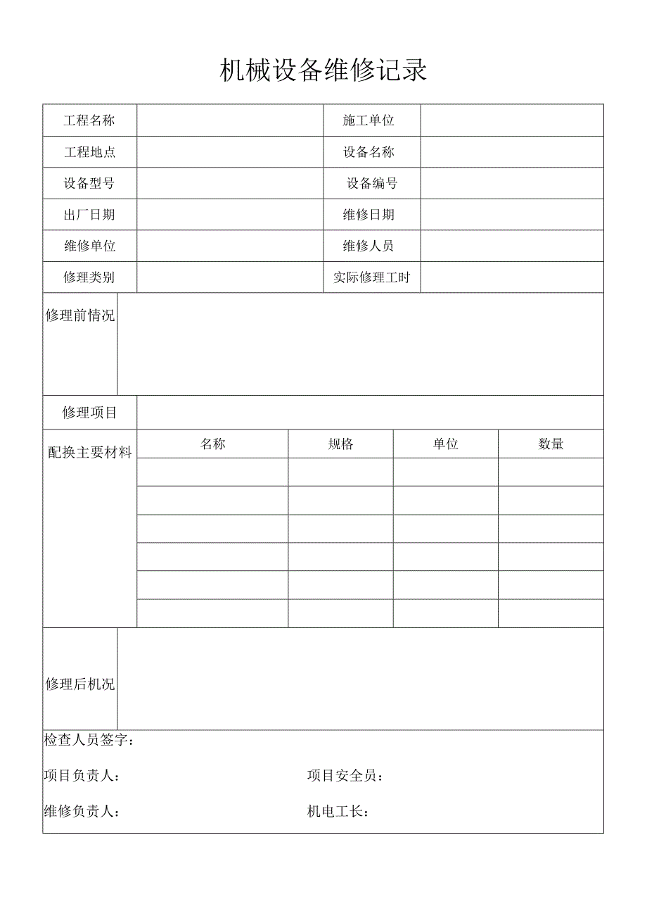 机械设备维修记录模板范文.docx_第1页