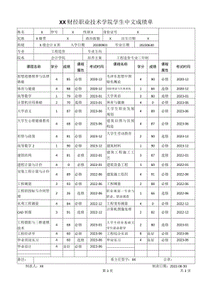 XX工程职业技术学院学生中文成绩单（工程造价专业（专科）.docx