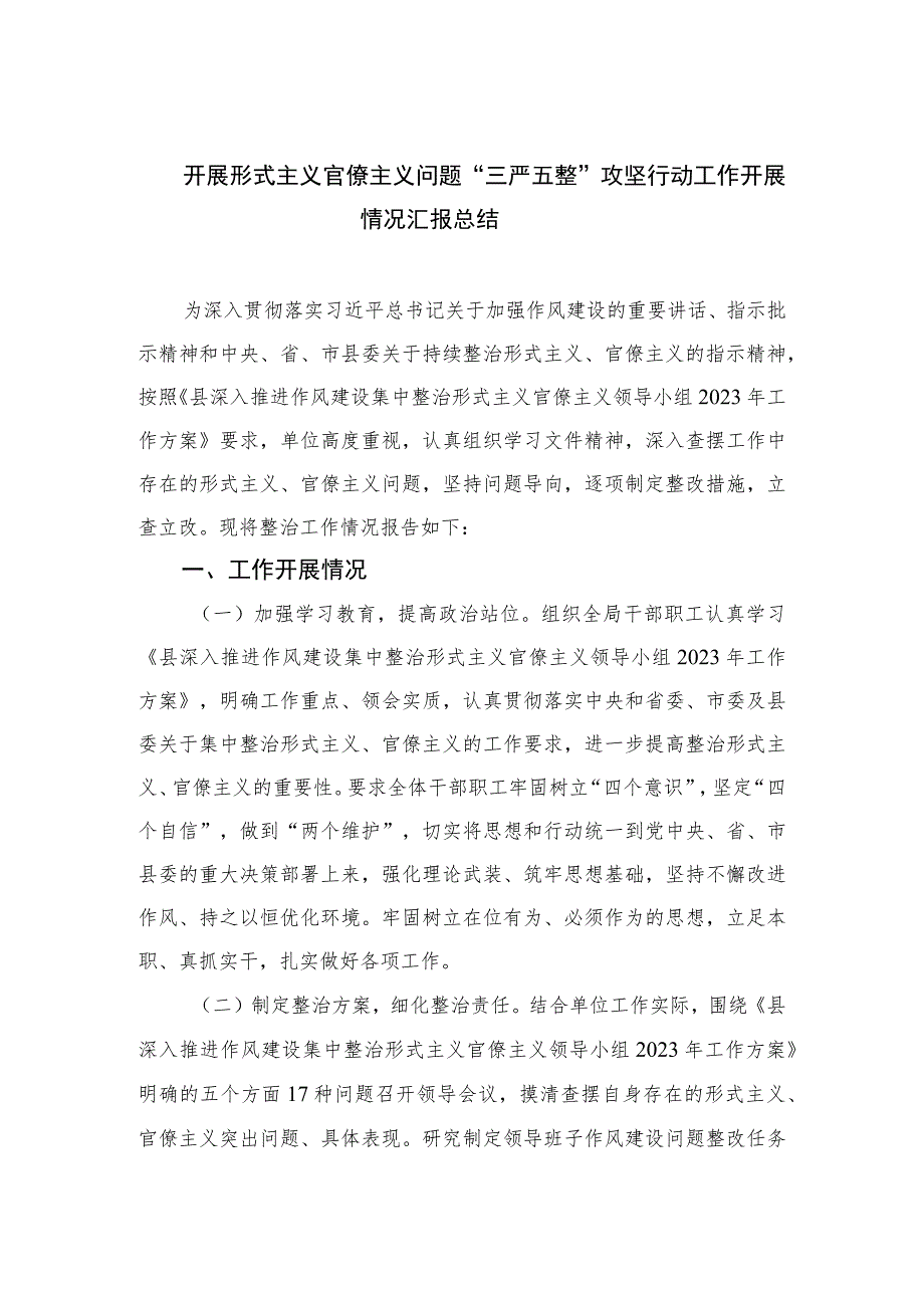 2023开展形式主义官僚主义问题“三严五整”攻坚行动工作开展情况汇报总结（11篇）.docx_第1页