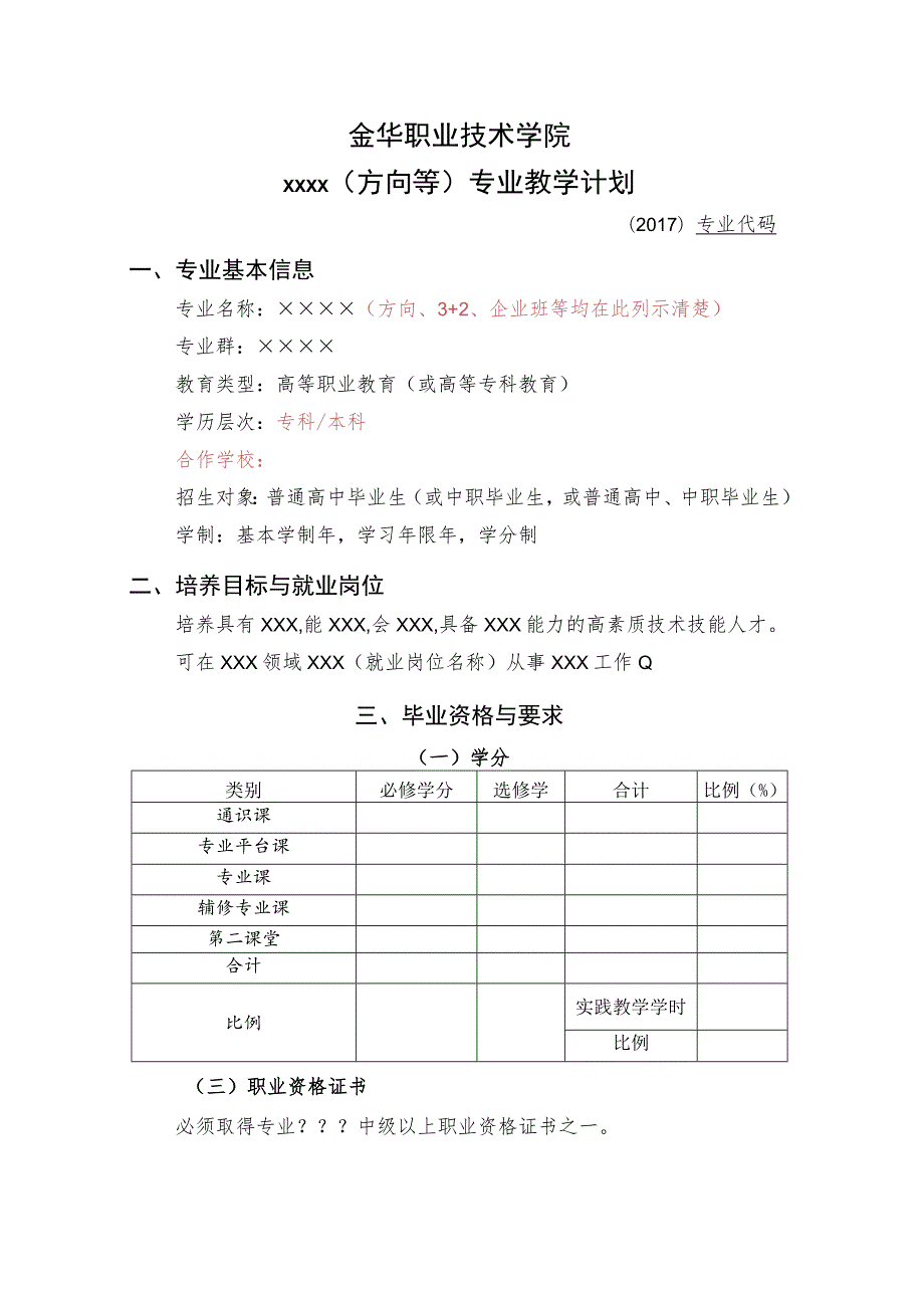 金华职业技术学院××××方向等专业教学计划.docx_第1页