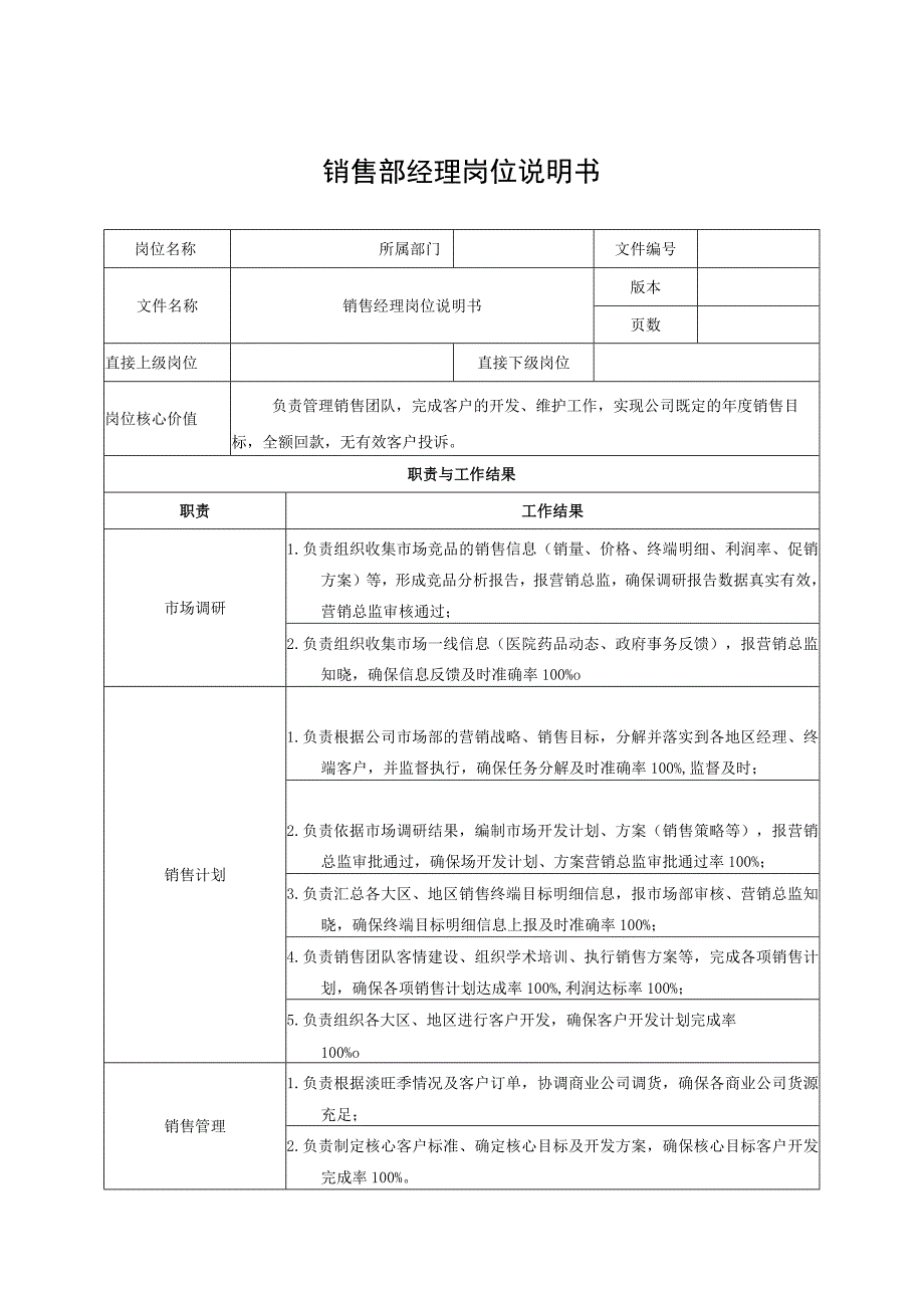 销售部经理岗位说明书.docx_第1页