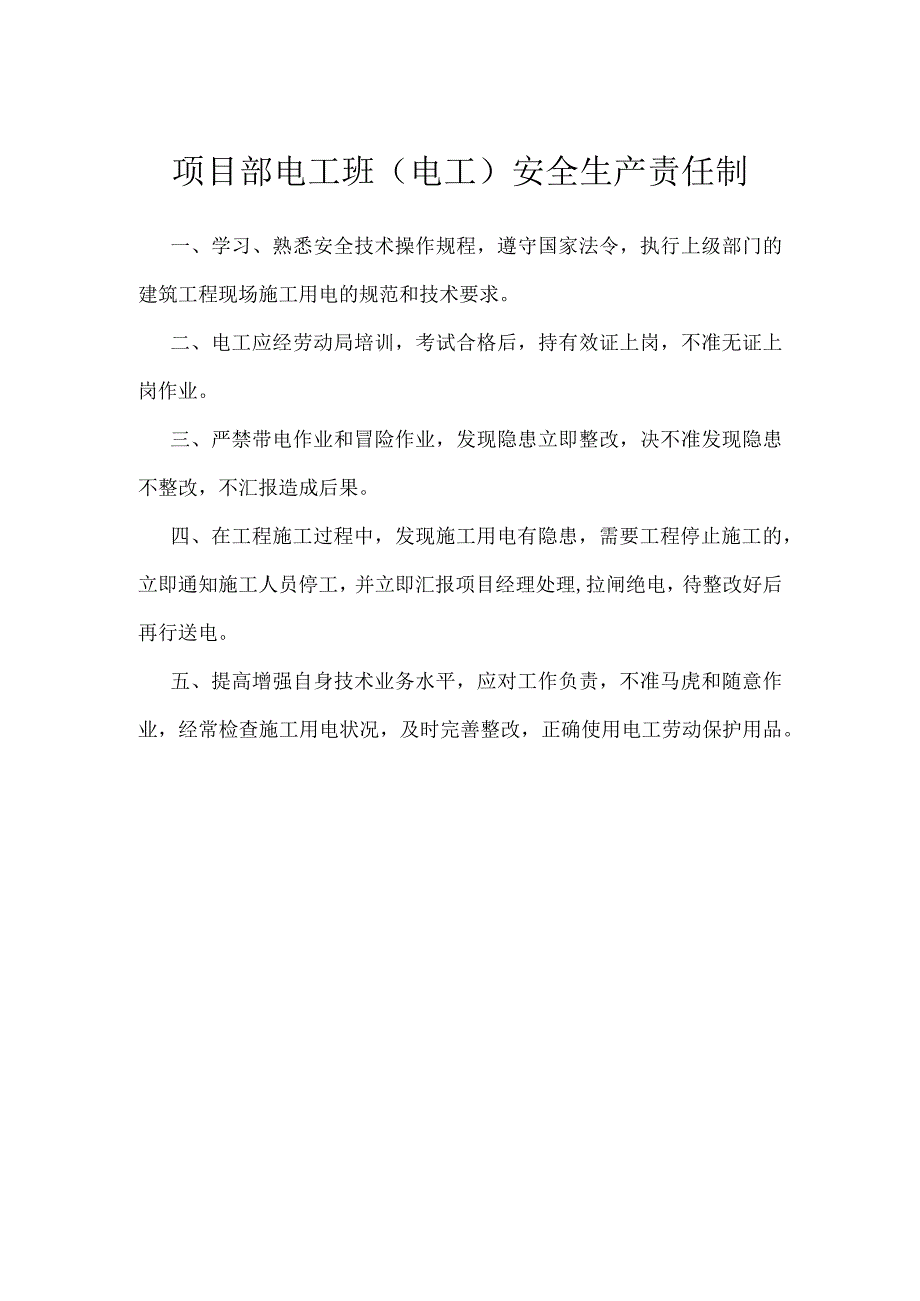 项目部电工班(电工)安全生产责任制模板范本.docx_第1页