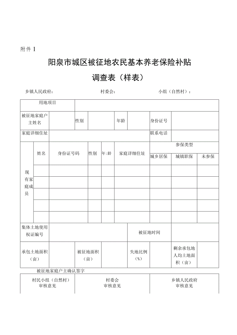 阳泉市城区被征地农民基本养老保险补贴调查表样表.docx_第1页