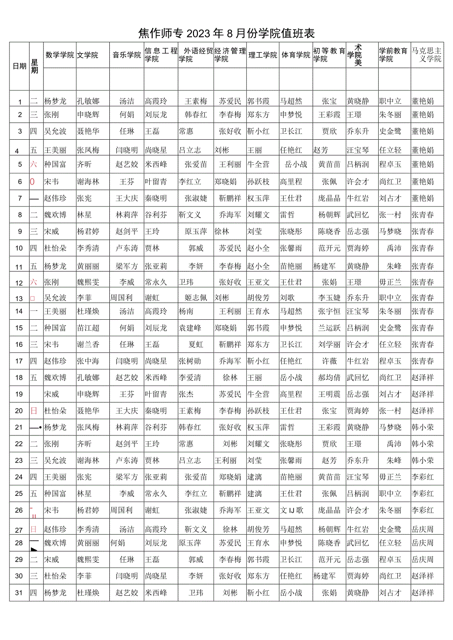 焦作师专2023年8月份行政值班表.docx_第2页