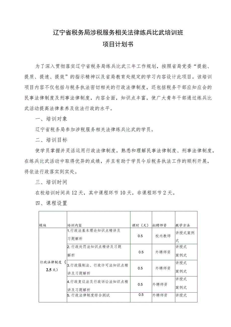 辽宁省税务局涉税服务相关法律练兵比武培训班项目计划书.docx_第1页