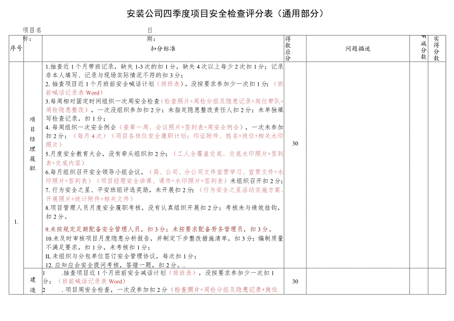 安装公司项目安全检查评分表（通用部分）.docx_第1页