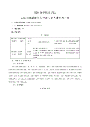 福州英华职业学院五年制金融服务与管理专业人才培养方案.docx