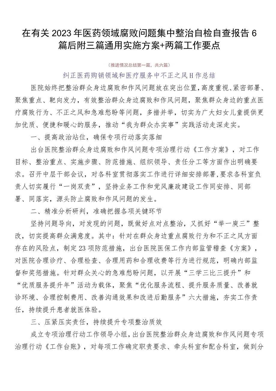 在有关2023年医药领域腐败问题集中整治自检自查报告6篇后附三篇通用实施方案+两篇工作要点.docx_第1页