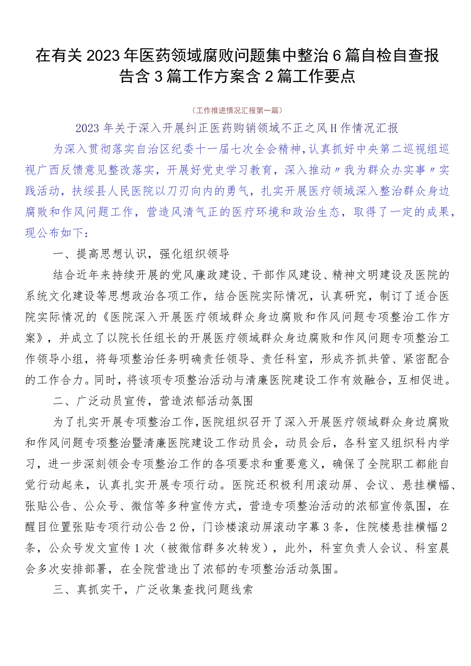 在有关2023年医药领域腐败问题集中整治6篇自检自查报告含3篇工作方案含2篇工作要点.docx_第1页