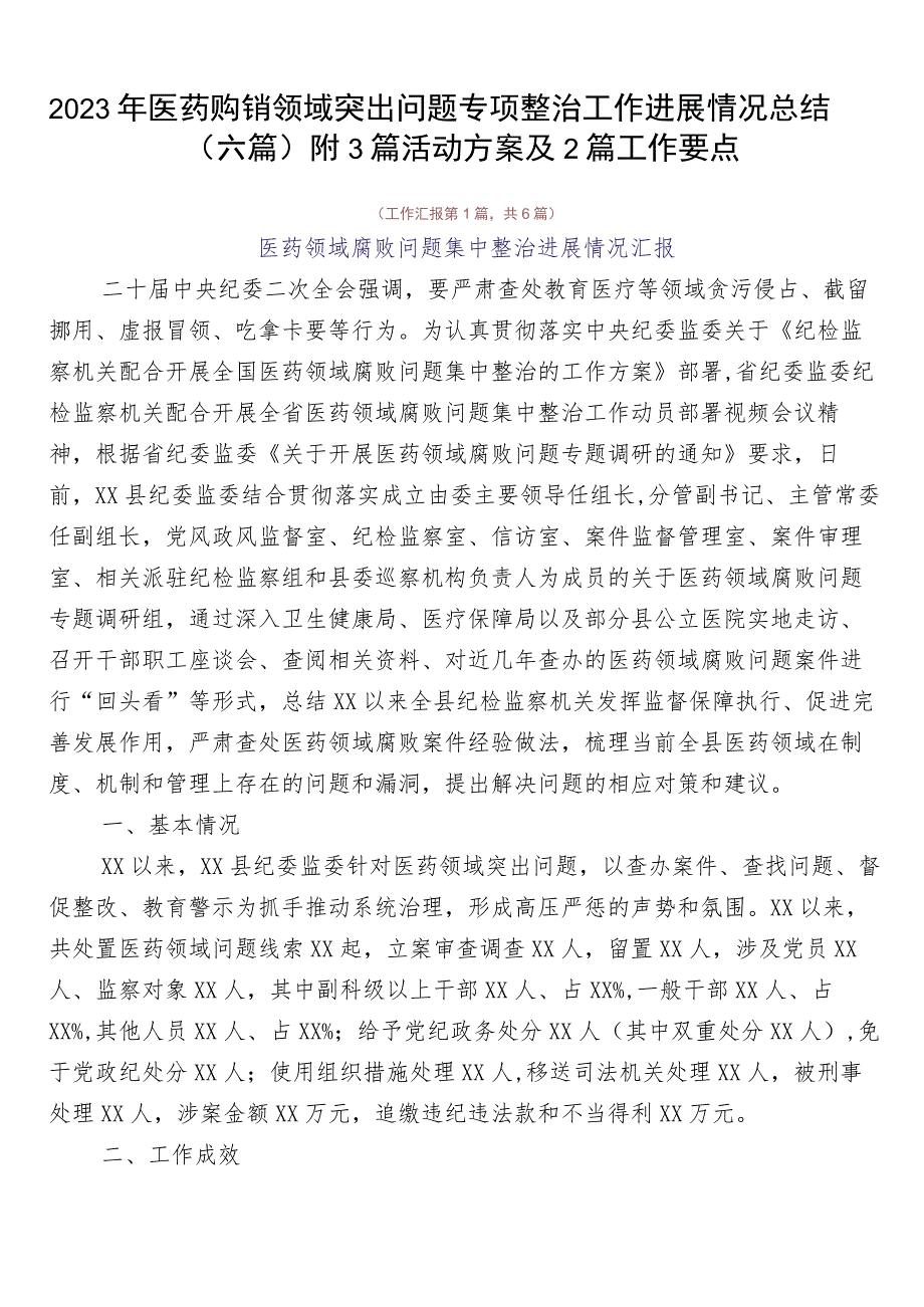 2023年医药购销领域突出问题专项整治工作进展情况总结（六篇）附3篇活动方案及2篇工作要点.docx_第1页