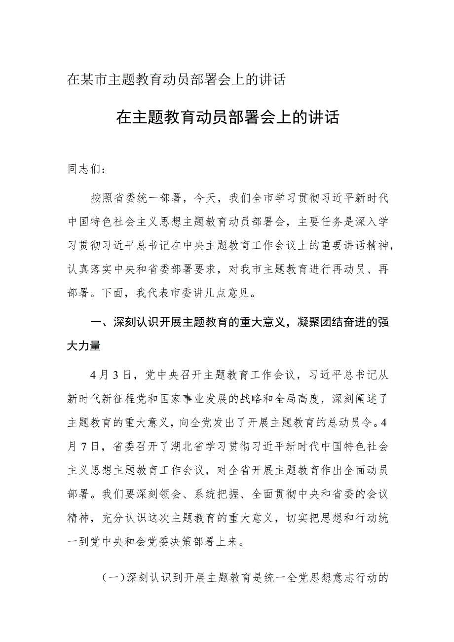 在某市主题教育动员部署会上的讲话.docx_第1页