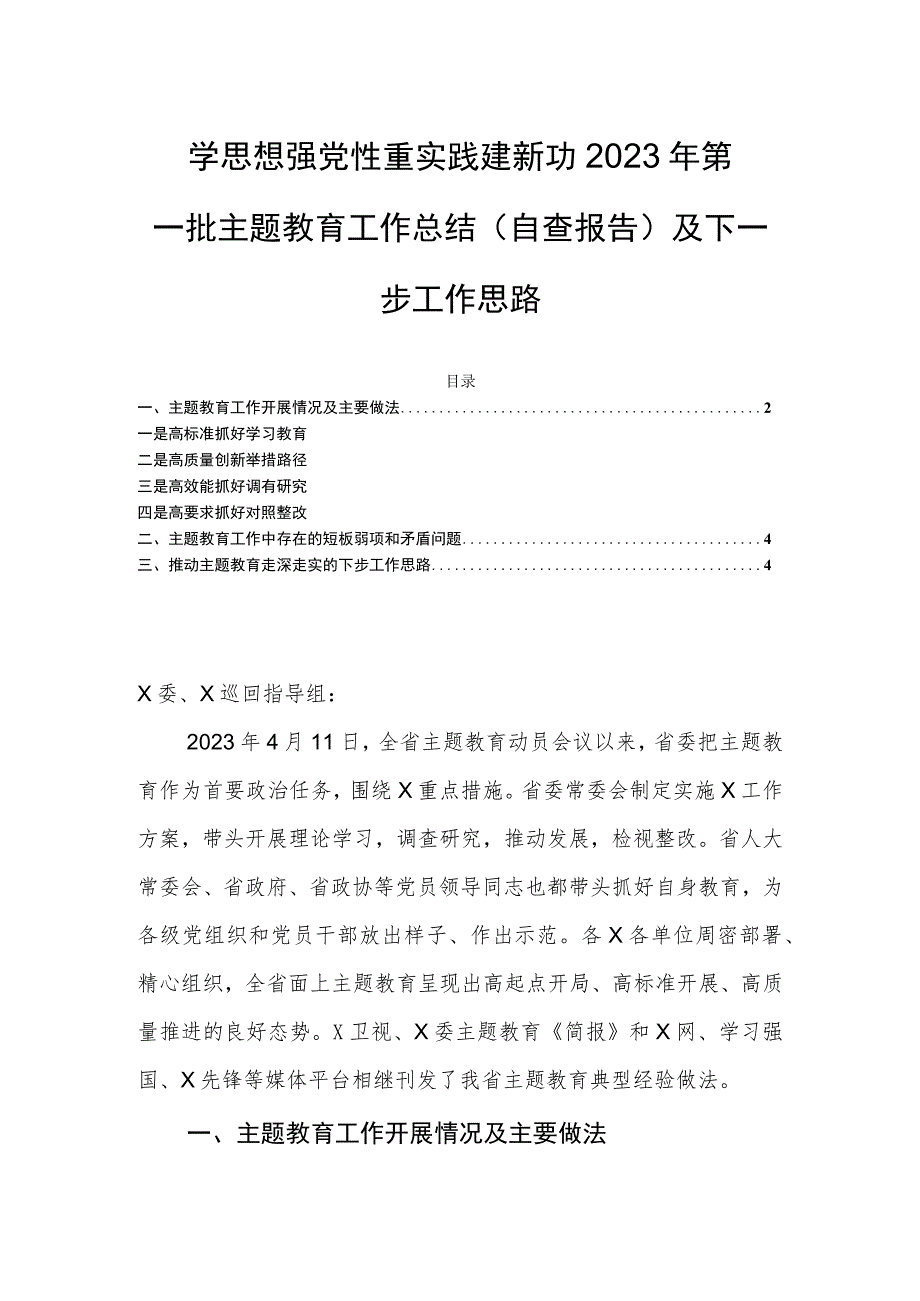 学思想 强党性 重实践 建新功2023年第一批主题教育工作总结（自查报告）及下一步工作思路.docx_第1页