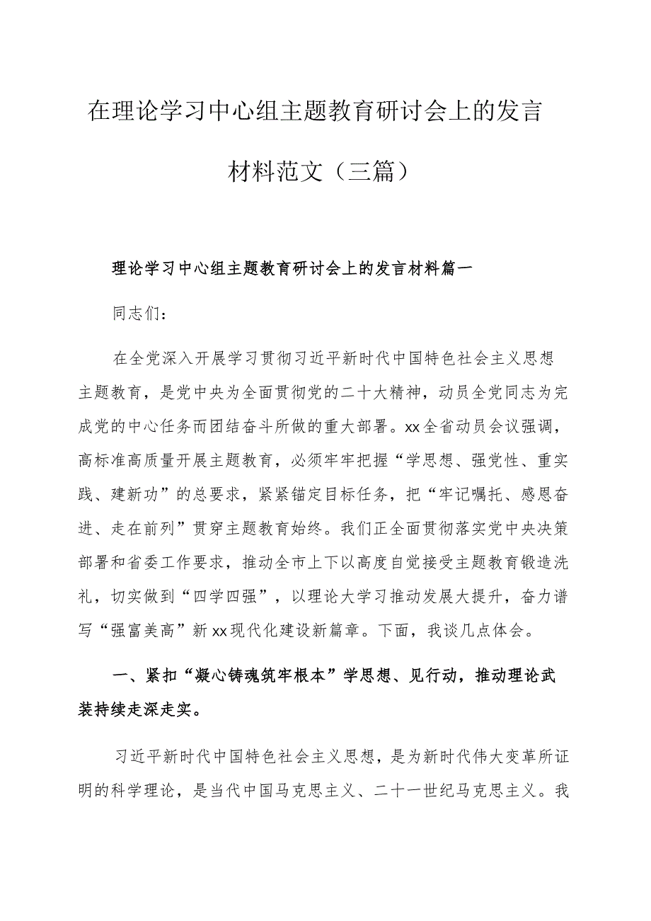 在理论学习中心组主题教育研讨会上的发言材料范文（三篇）.docx_第1页