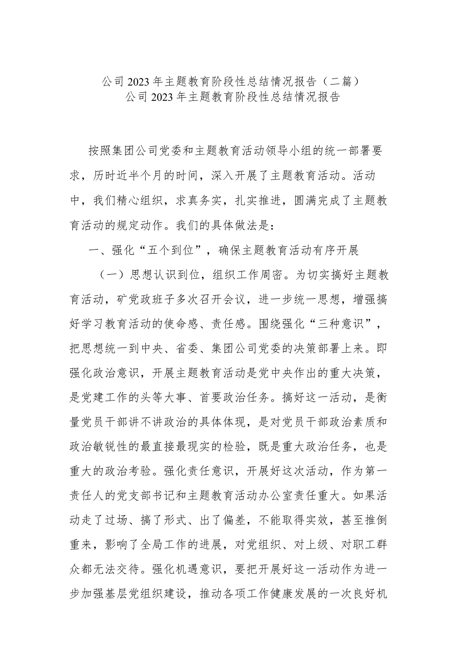 公司2023年主题教育阶段性总结情况报告(二篇).docx_第1页