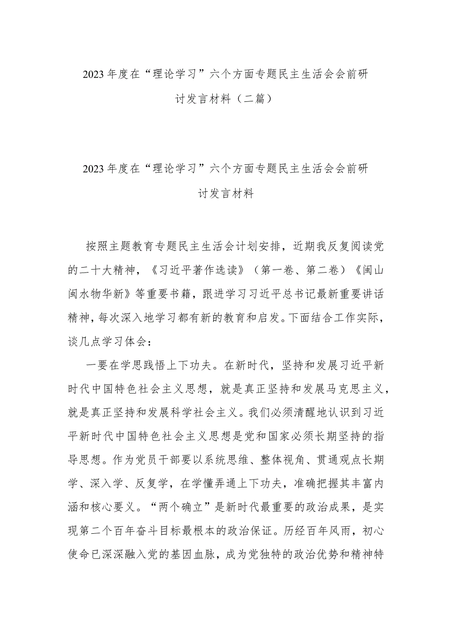 2023年度在“理论学习”六个方面专题民主生活会会前研讨发言材料(二篇).docx_第1页