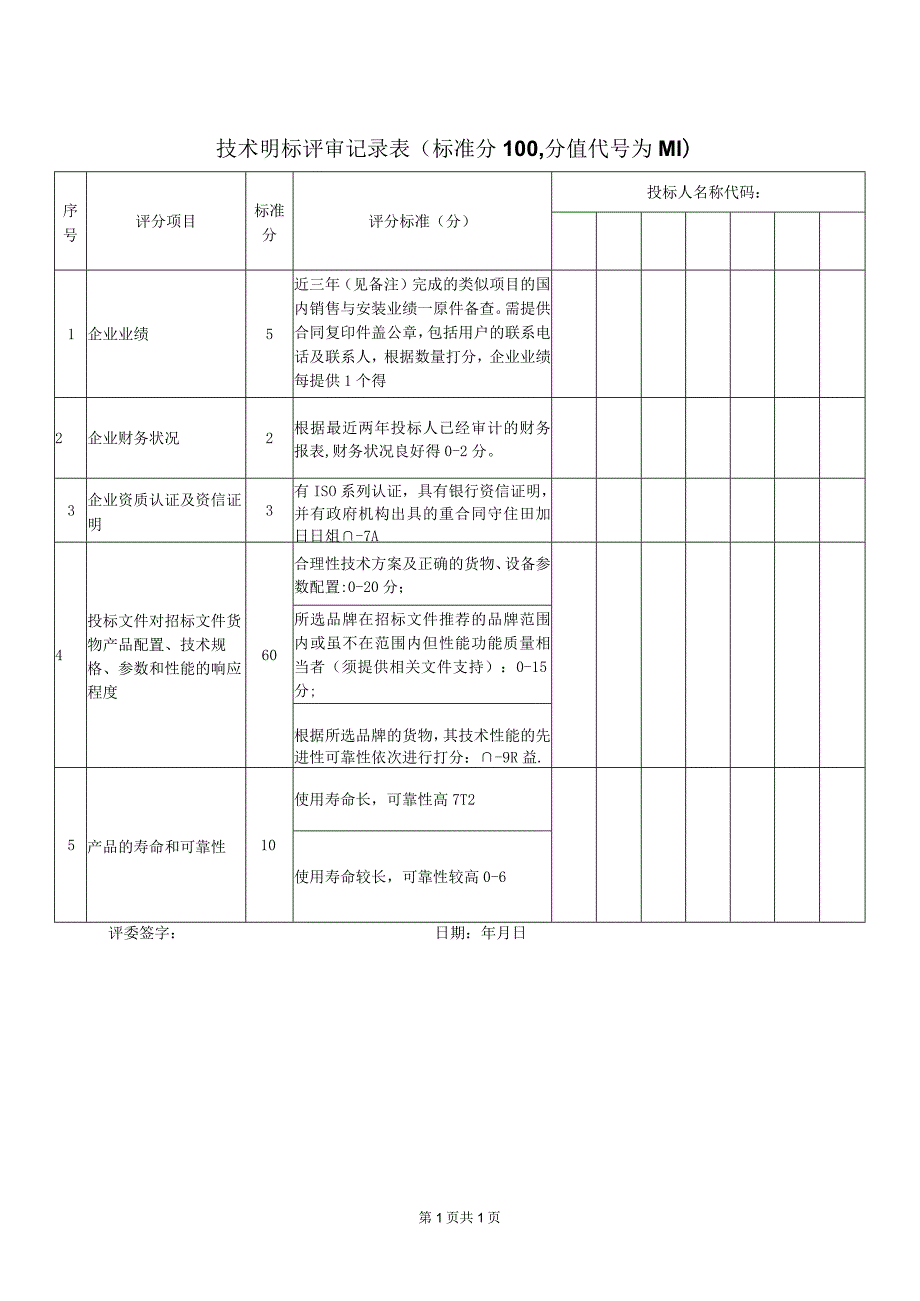 技术明标评审记录表48(2023年).docx_第1页