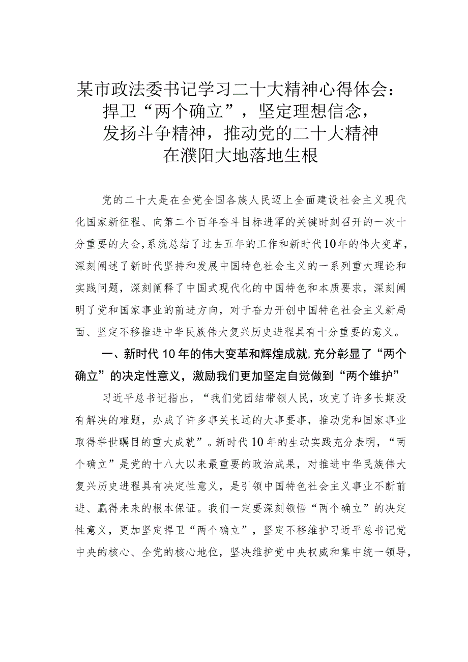 某市政法委书记学习二十大精神心得体会：捍卫“两个确立”坚定理想信念发扬斗争精神推动党的二十大精神在濮阳大地落地生根.docx_第1页