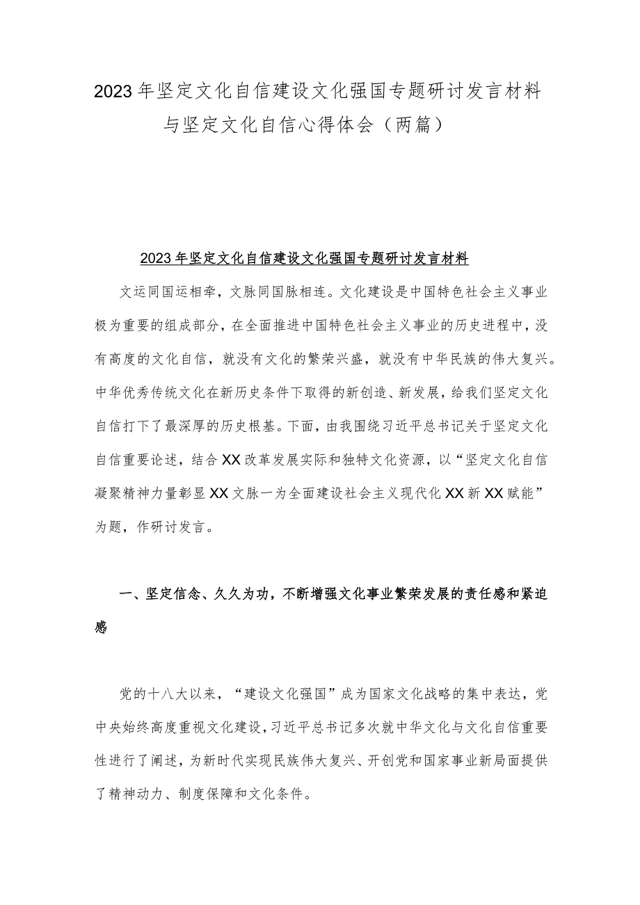 2023年坚定文化自信建设文化强国专题研讨发言材料与坚定文化自信心得体会（两篇）.docx_第1页