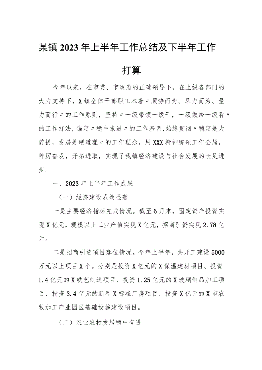 某镇2023年上半年工作总结及下半年工作打算.docx_第1页