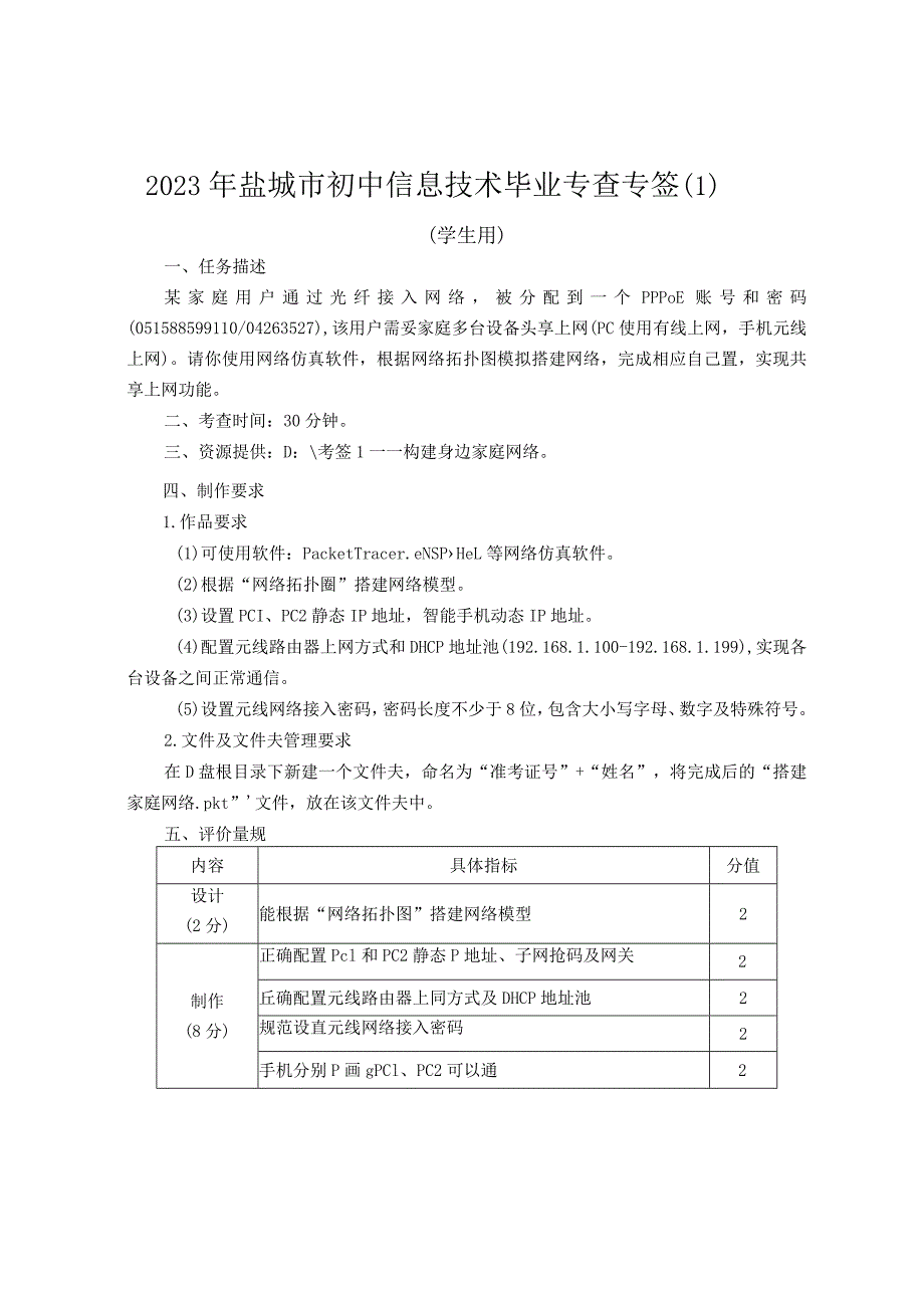 2023年盐城市初中信息技术毕业考查-构建身边家庭网络.docx_第1页