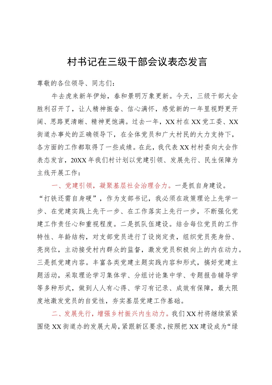 村书记在三级干部会议上的表态发言.docx_第1页