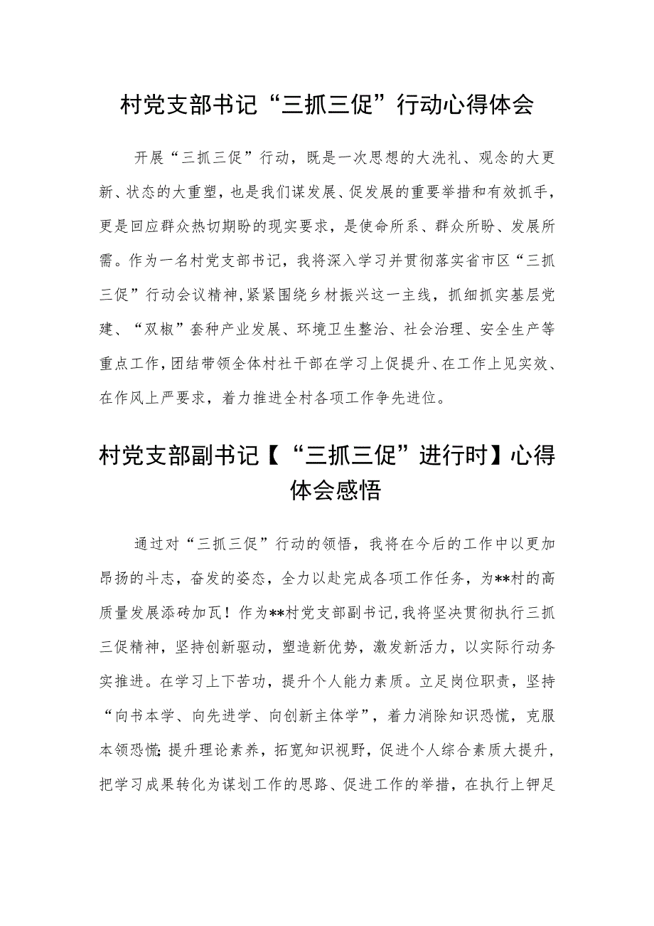 村党支部书记“三抓三促”行动心得体会(通用三篇).docx_第1页