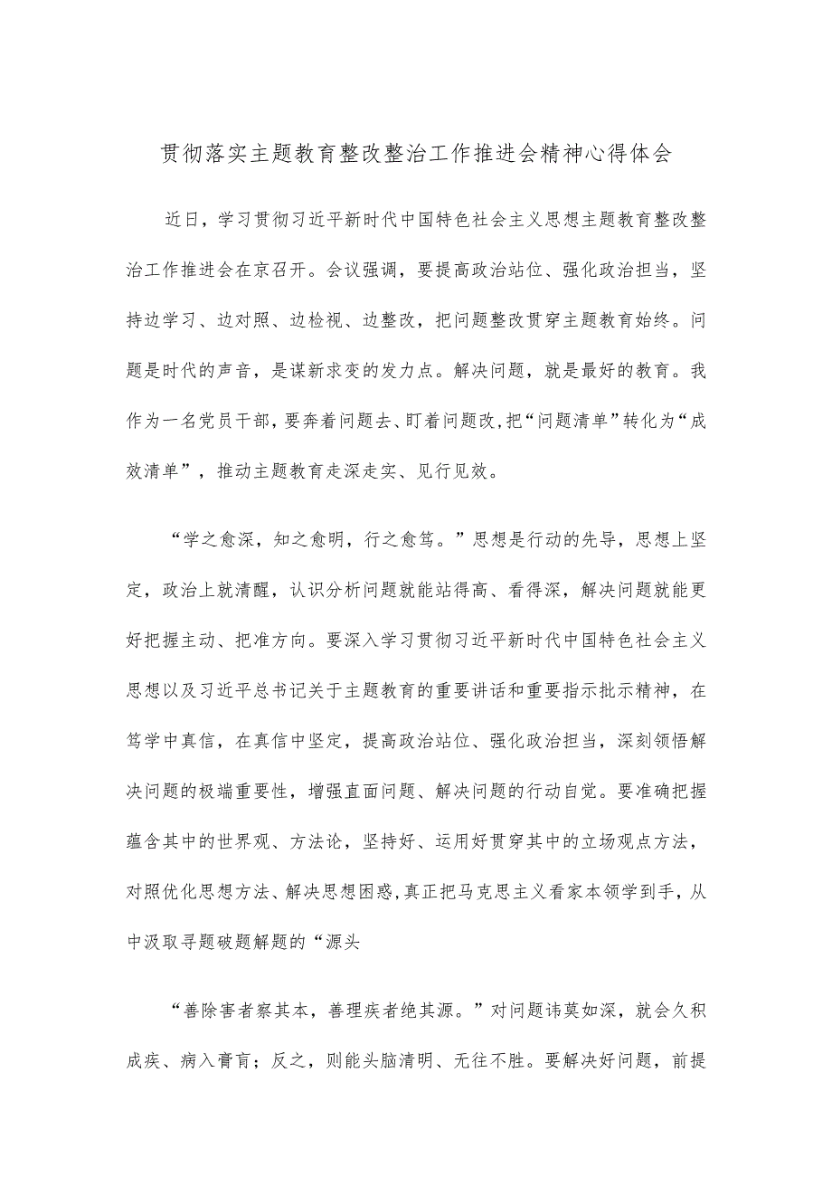 贯彻落实主题教育整改整治工作推进会精神心得体会.docx_第1页