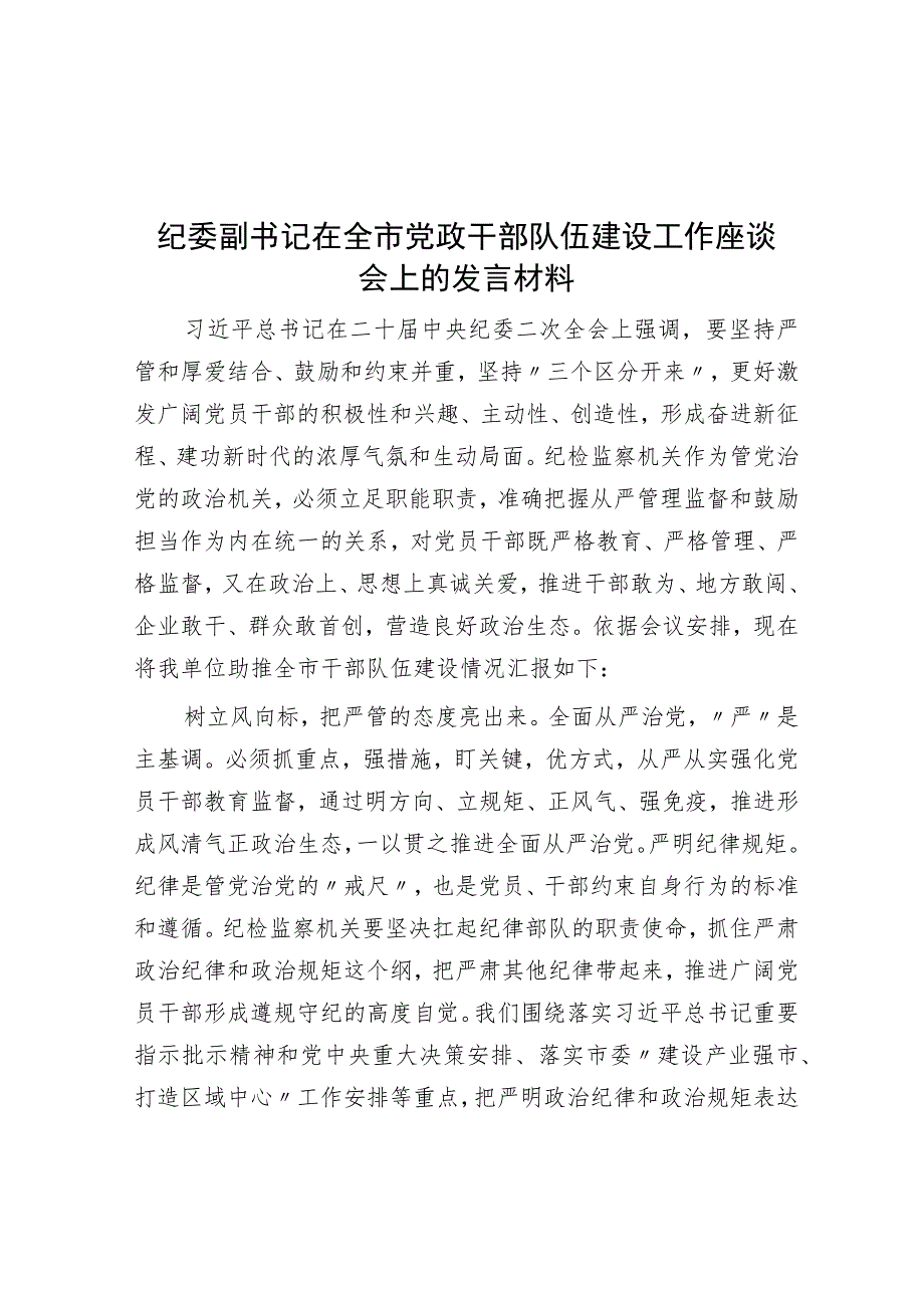 纪委副书记在全市党政干部队伍建设工作座谈会上的发言材料.docx_第1页