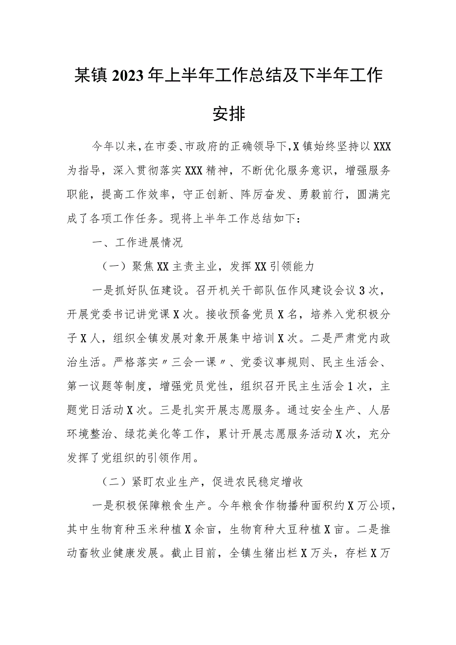 某镇2023年上半年工作总结及下半年工作安排.docx_第1页