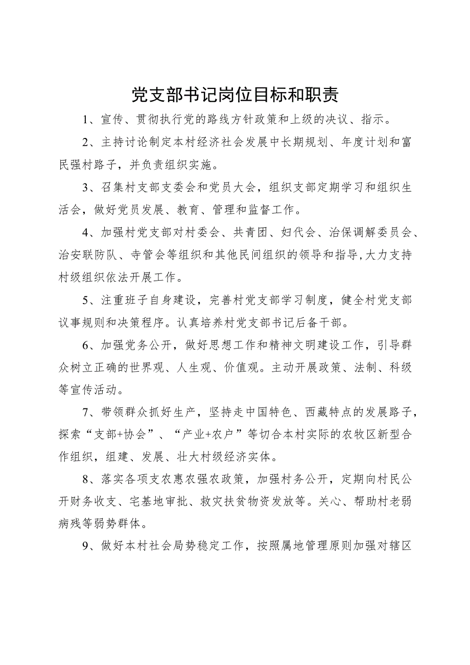 党支部书记岗位目标职责（包含村内各项制度）.docx_第1页