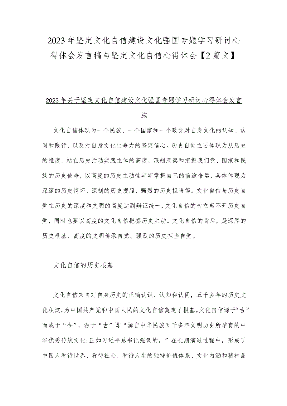 2023年坚定文化自信建设文化强国专题学习研讨心得体会发言稿与坚定文化自信心得体会【2篇文】.docx_第1页