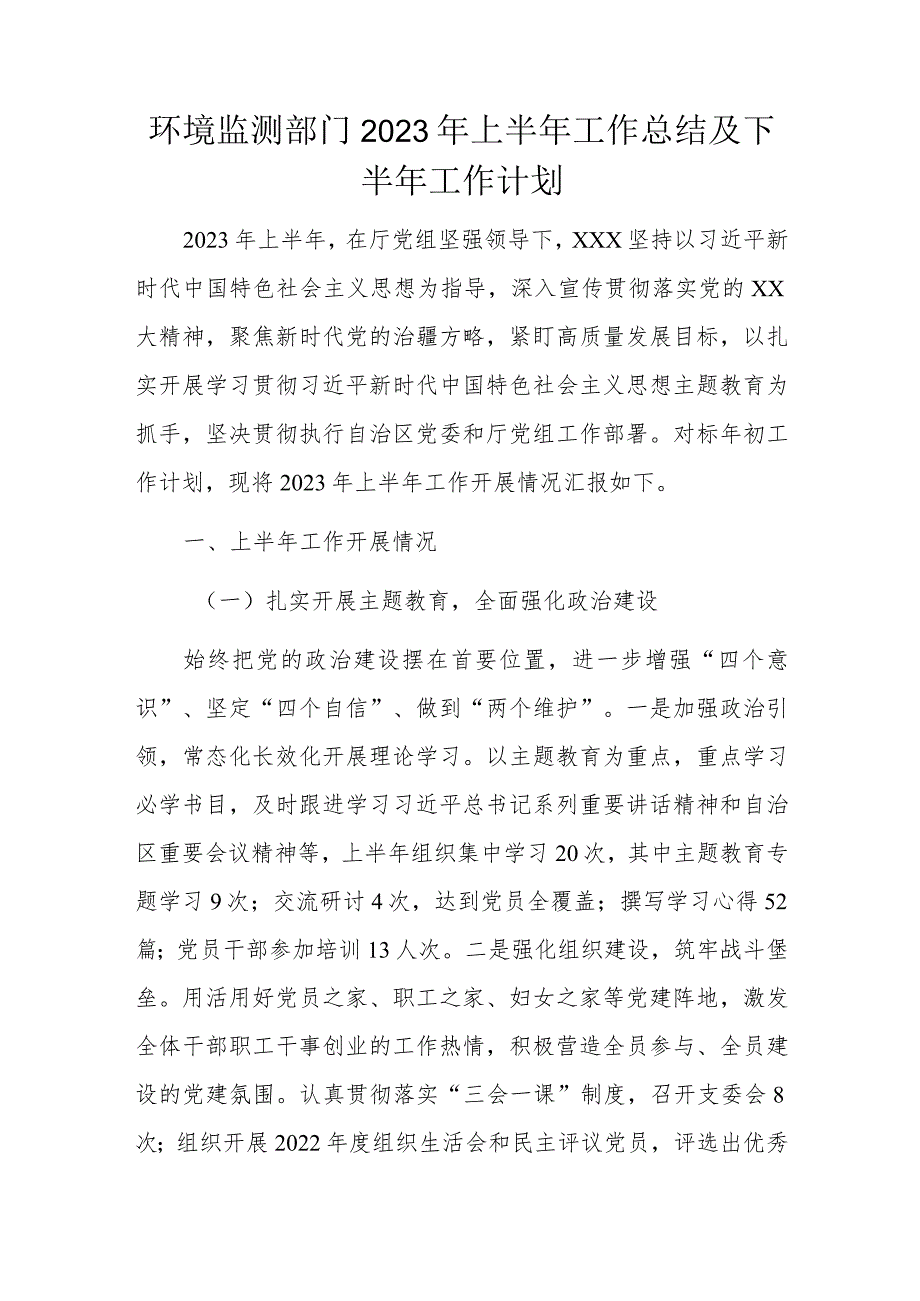 环境监测部门2023年上半年工作总结及下半年工作计划.docx_第1页