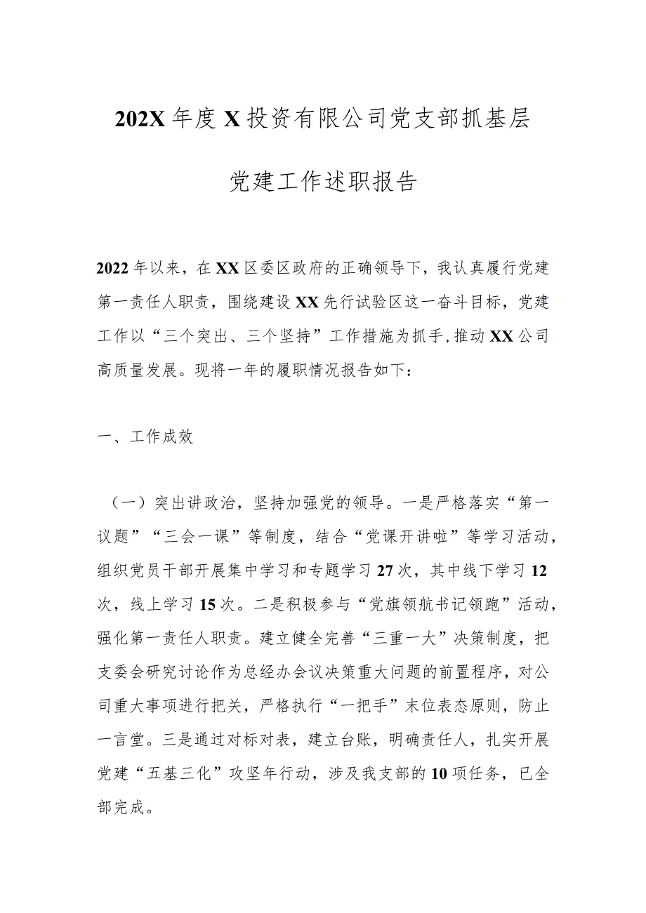 202X年度XX投资有限公司党支部抓基层党建工作述职报告.docx_第1页