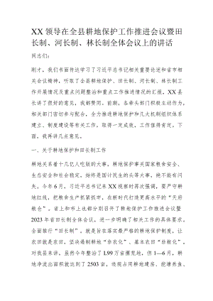 XX领导在全县耕地保护工作推进会议暨田长制、河长制、林长制全体会议上的讲话.docx