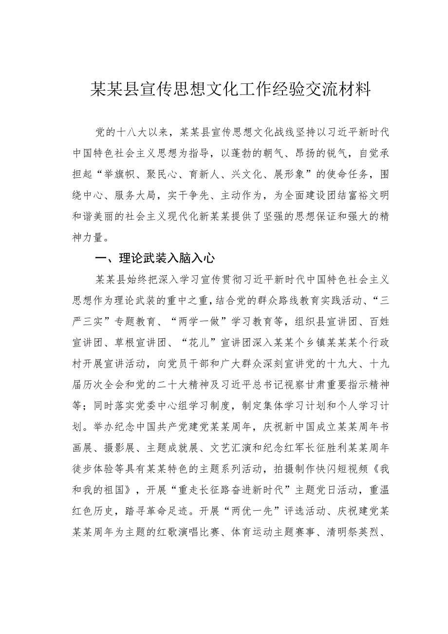 某某县宣传思想文化工作经验交流材料.docx_第1页