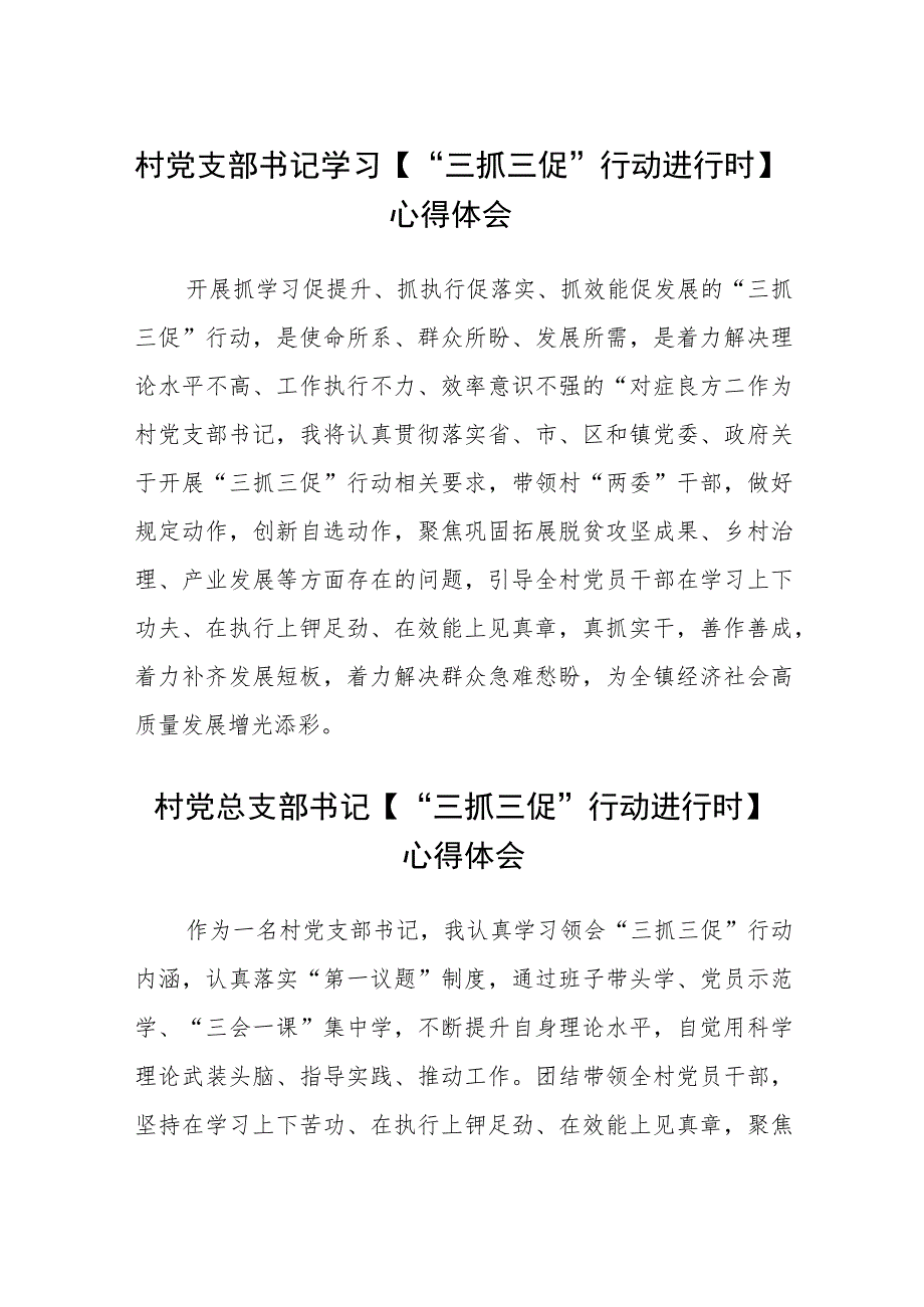 村党支部书记学习【“三抓三促”行动进行时】心得体会(通用三篇).docx_第1页