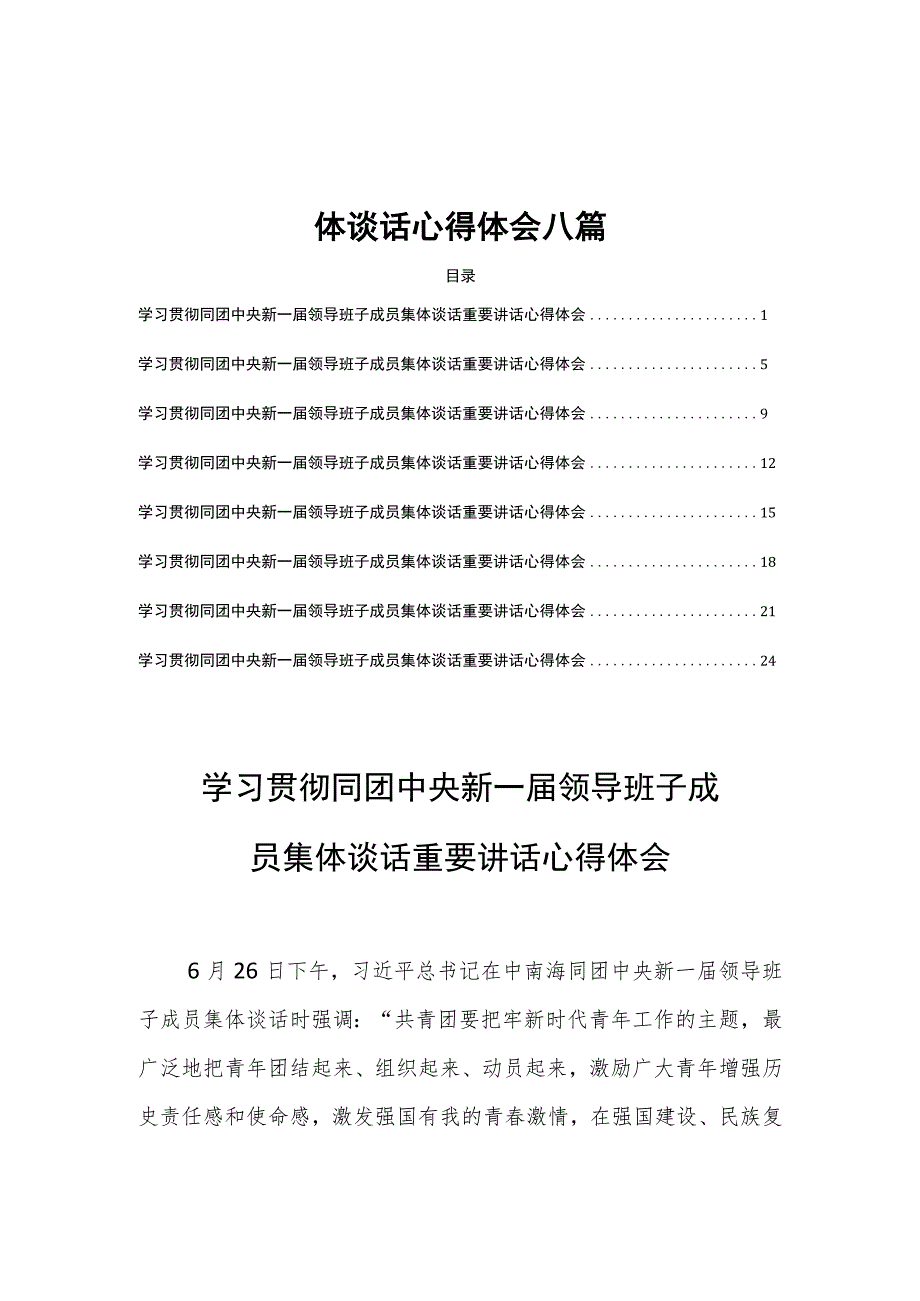 学习贯彻同团中央新一届领导班子成员集体谈话心得体会八篇.docx_第1页