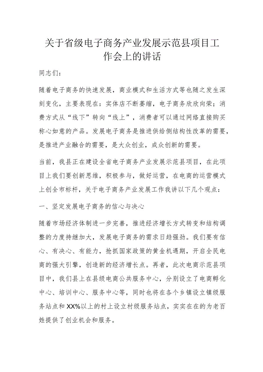 关于省级电子商务产业发展示范县项目工作会上的讲话.docx_第1页