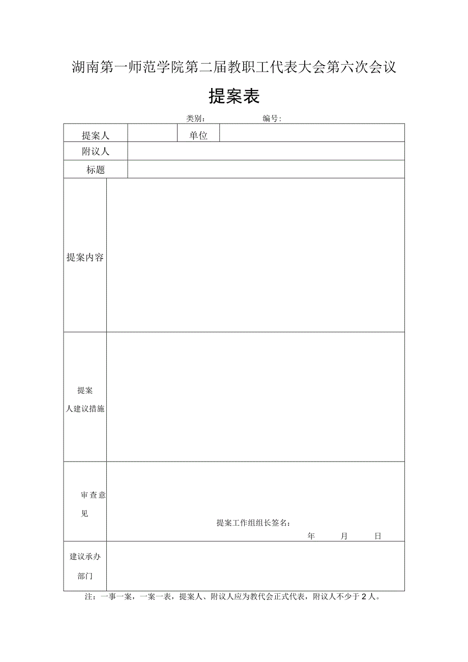 湖南第一师范学院第二届教职工代表大会第六次会议提案表.docx_第1页