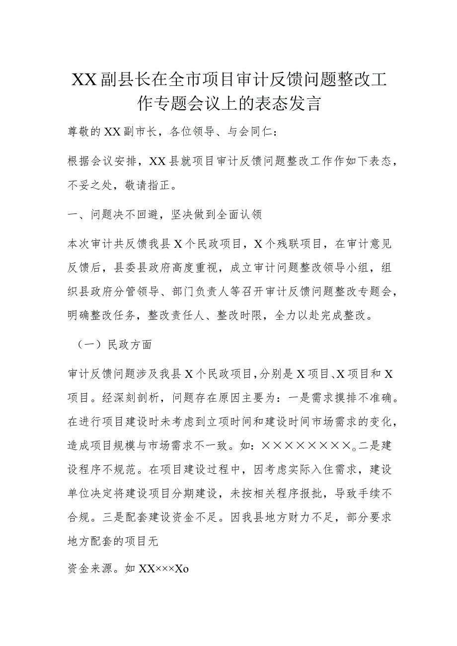 XX副县长在全市项目审计反馈问题整改工作专题会议上的表态发言.docx_第1页