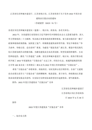 江苏省住房和城乡建设厅、江苏省统计局、江苏省商务厅关于发布2022年度全省建筑业百强企业的通知.docx