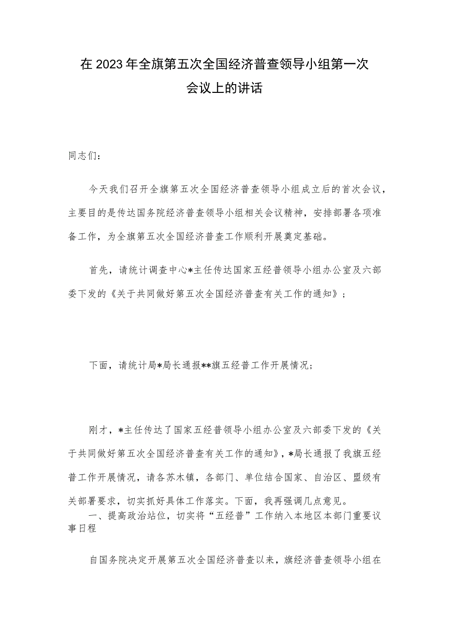 在2023年全旗第五次全国经济普查领导小组第一次会议上的讲话.docx_第1页