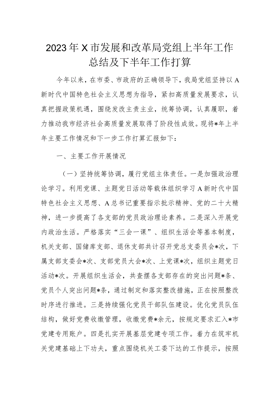 2023年X市发展和改革局党组上半年工作总结及下半年工作打算.docx_第1页