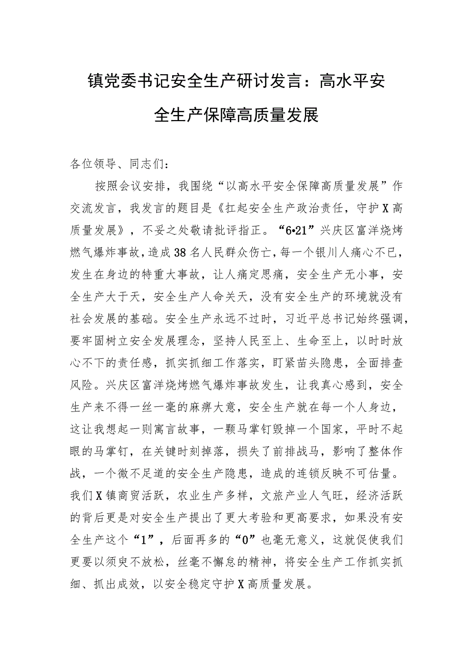 镇党委书记安全生产研讨发言：高水平安全生产保障高质量发展.docx_第1页