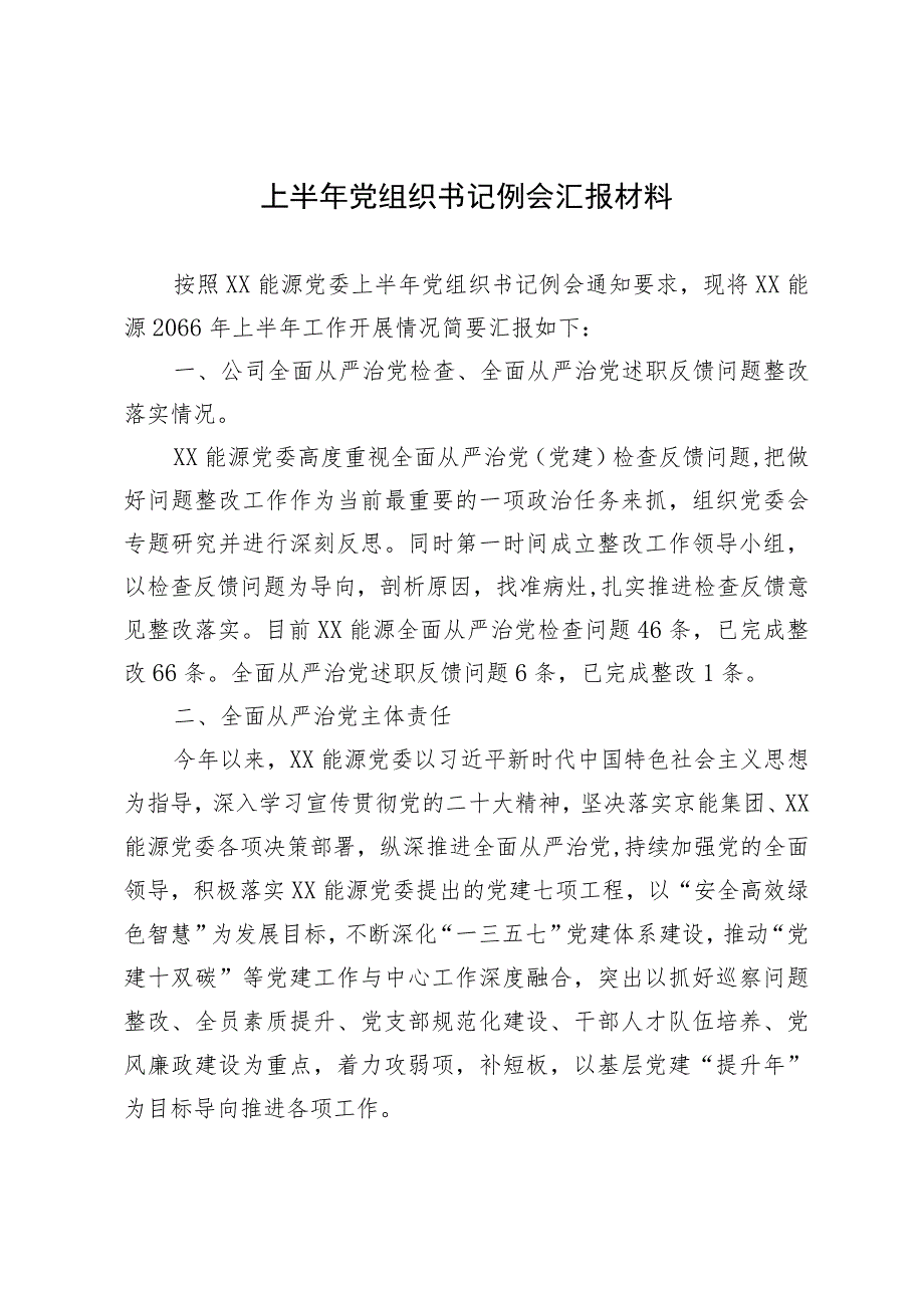 上半年党组织书记例会汇报材料.docx_第1页