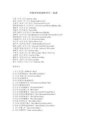 中国全年的各种节日一览表.docx