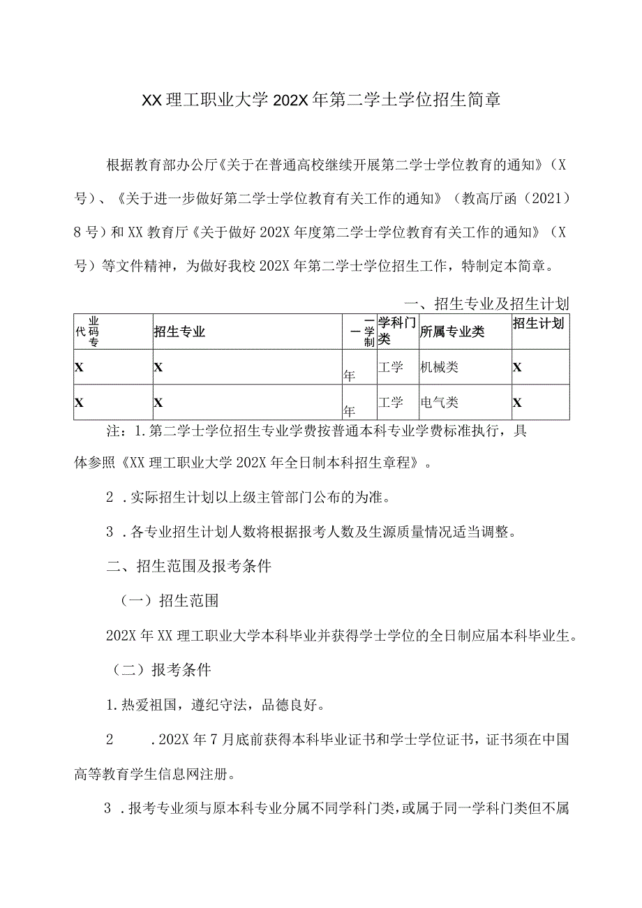 XX理工职业大学202X年第二学士学位招生简章.docx_第1页