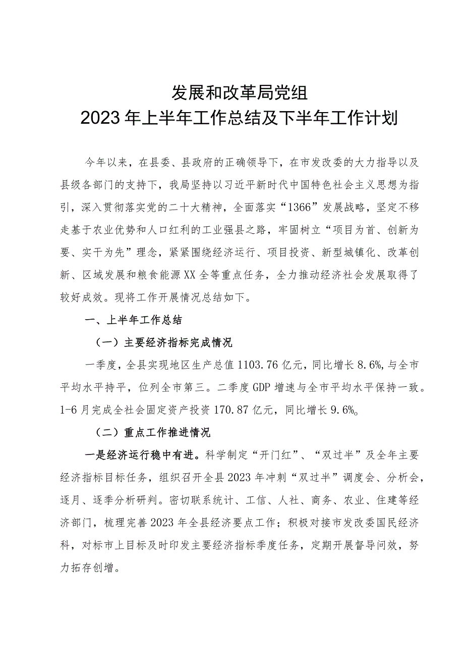 发改局党组2023年上半年工作总结及下半年工作计划.docx_第1页