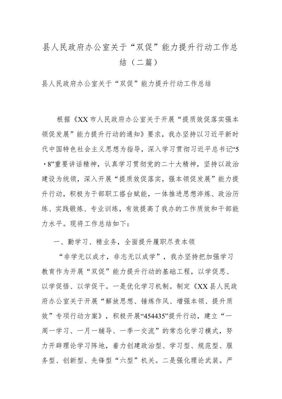 县人民政府办公室关于“双促”能力提升行动工作总结(二篇).docx_第1页