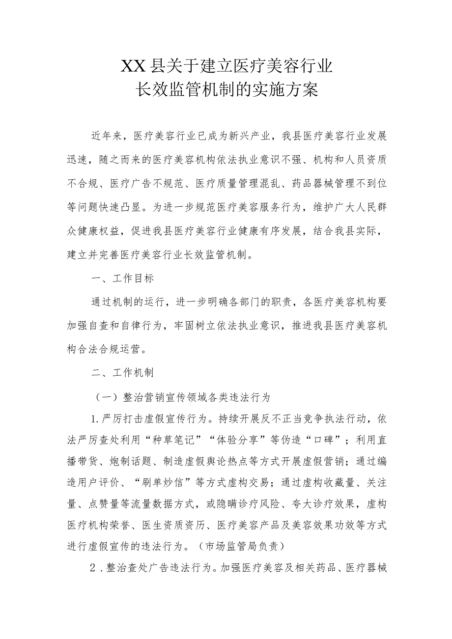 XX县关于建立医疗美容行业长效监管机制的实施方案.docx_第1页